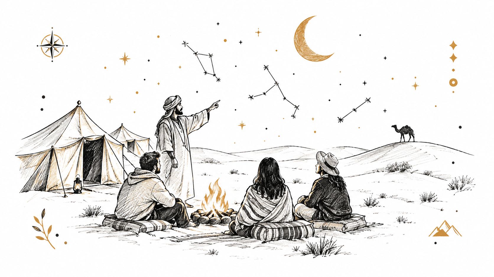 A Bedouin teaching a group of people about constellations while camping under the desert night sky.