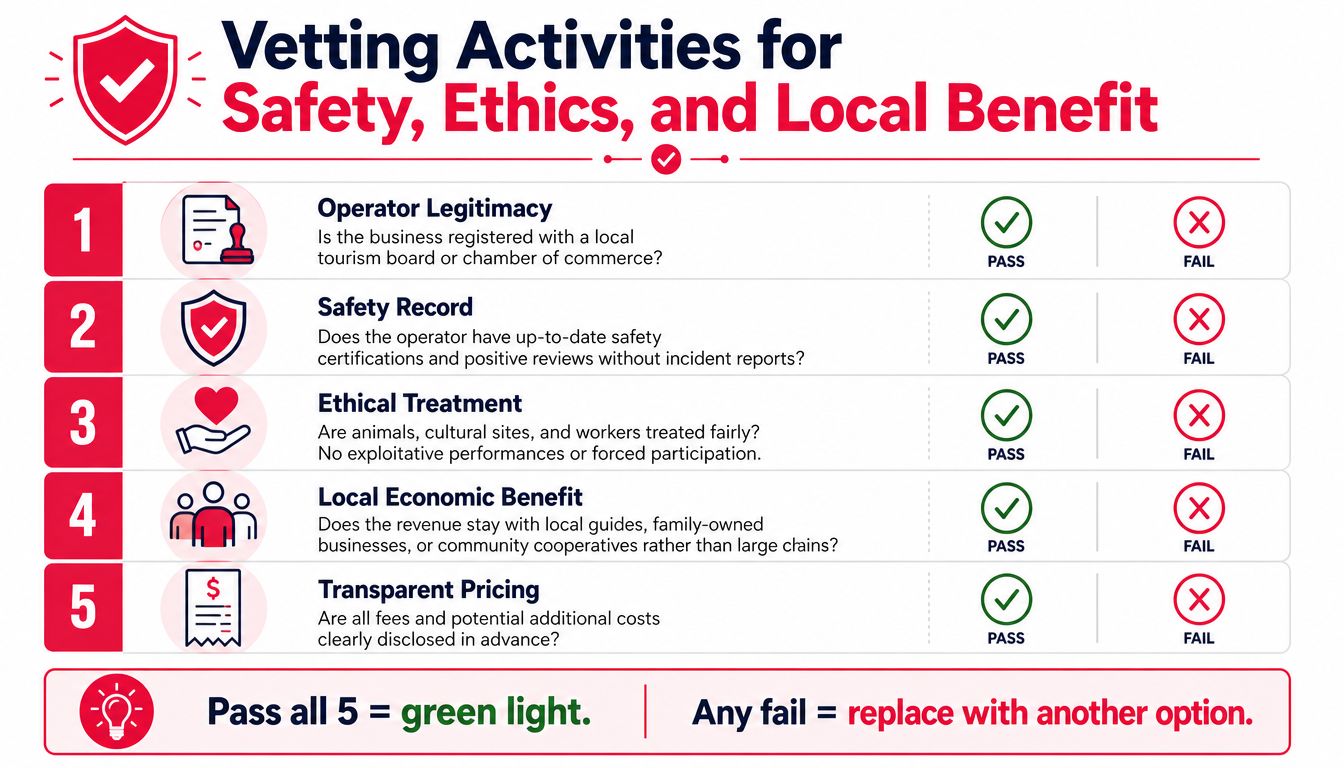 A checklist illustrating five vetting criteria for ensuring safety, ethics, and local benefits in travel activities.