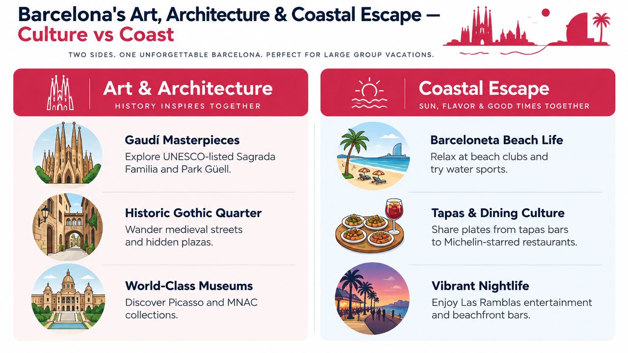 A travel infographic comparing cultural sights and coastal activities for large group vacations in Barcelona, Spain.