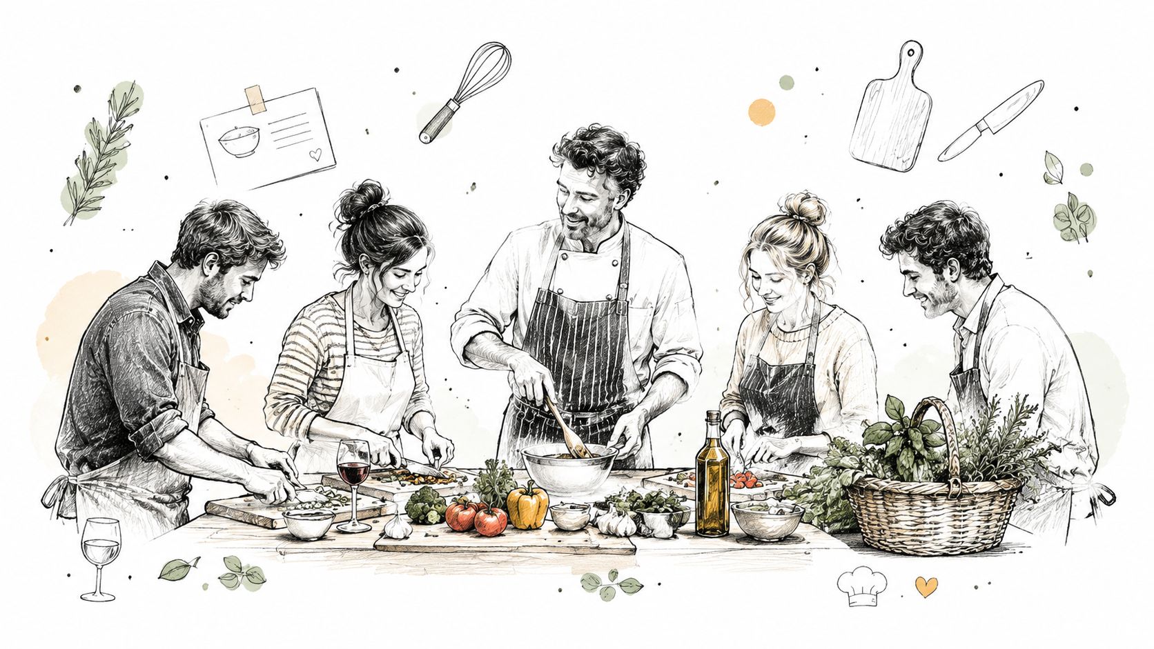 A group of friends laughing and preparing a fresh meal together during a fun cooking class.