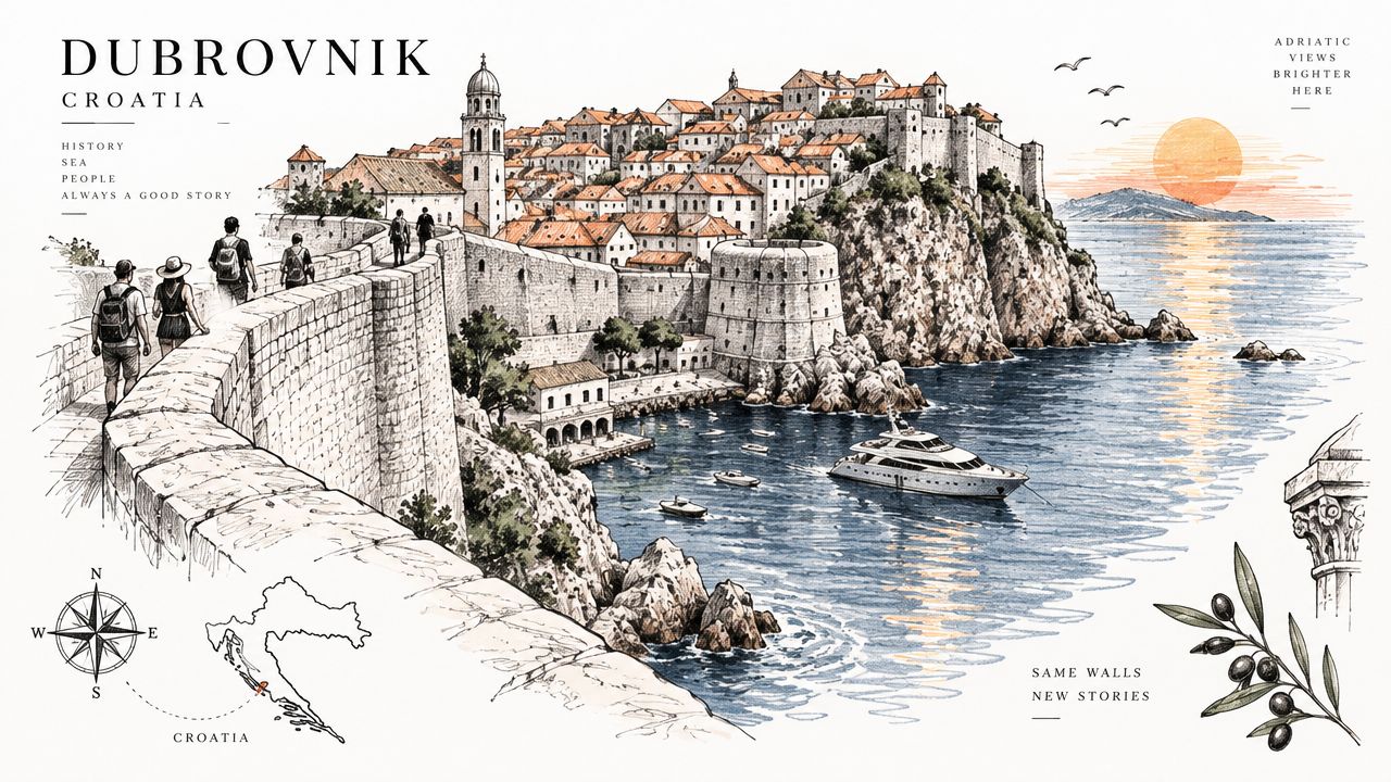 An artistic hand-drawn illustration of the historic stone city walls of Dubrovnik, Croatia, overlooking the Adriatic Sea.