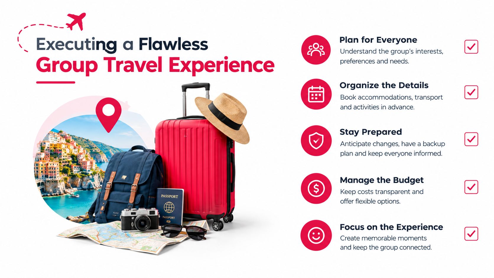 A travel infographic titled Executing a Flawless Group Travel Experience featuring luggage and planning tips.