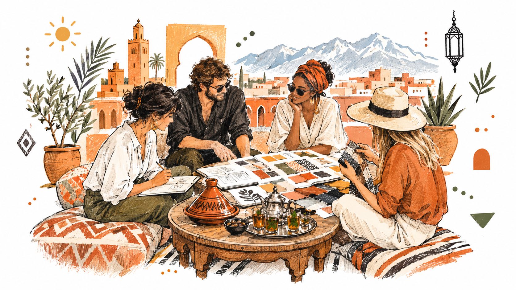 A creative group of designers collaborating on a travel project in a sunny Moroccan rooftop setting.