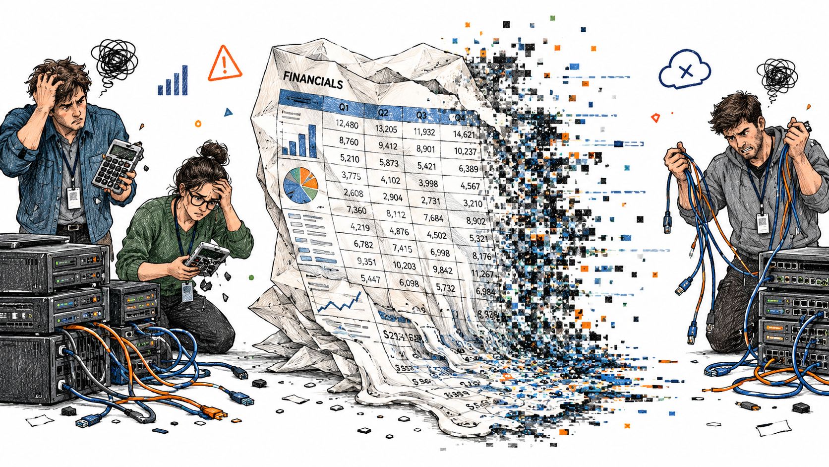 Stressed IT professionals struggling with data corruption and complex financial reporting and server infrastructure management challenges.