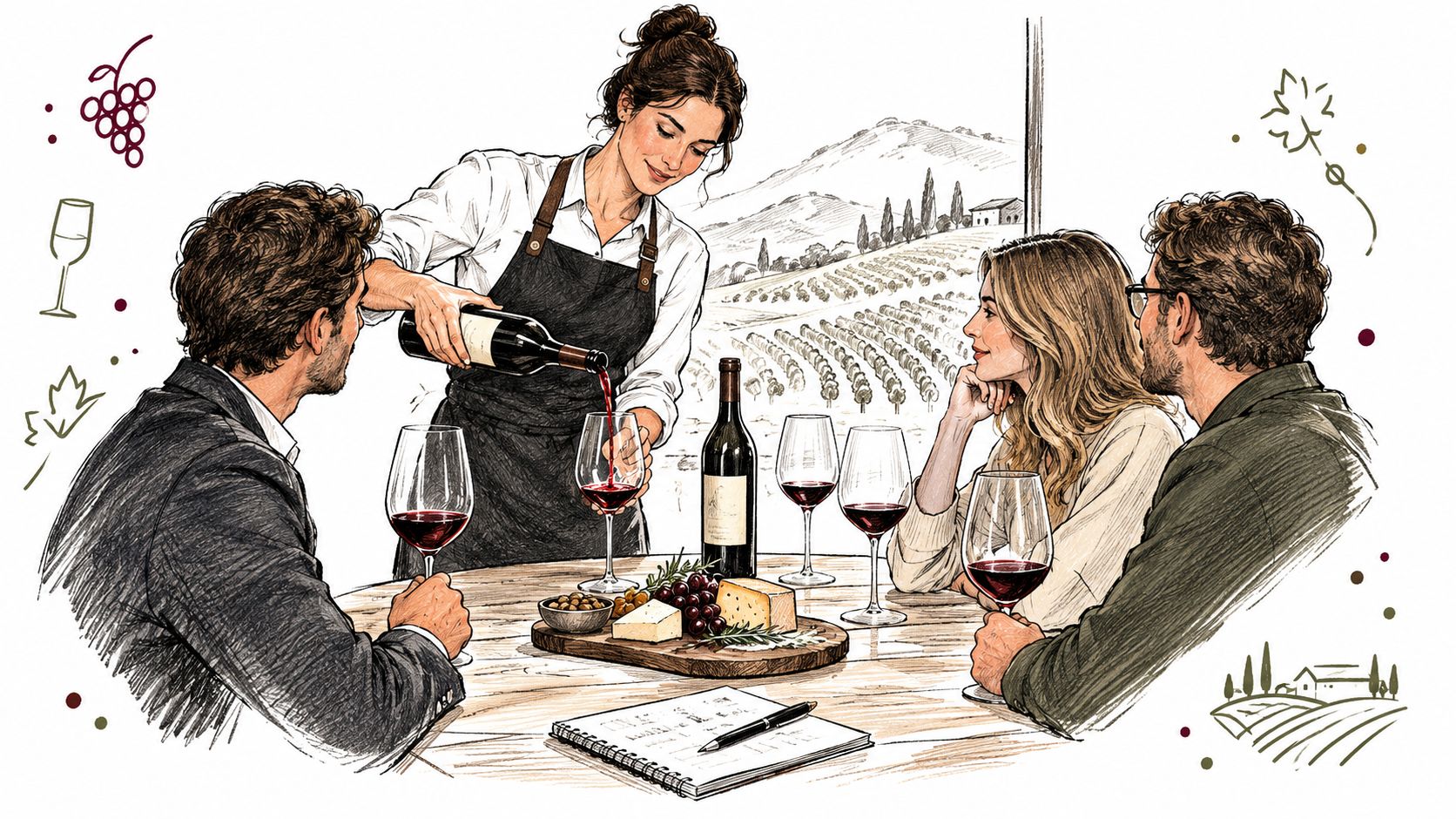 A professional sommelier pours red wine for a group of friends during a winery tasting experience.