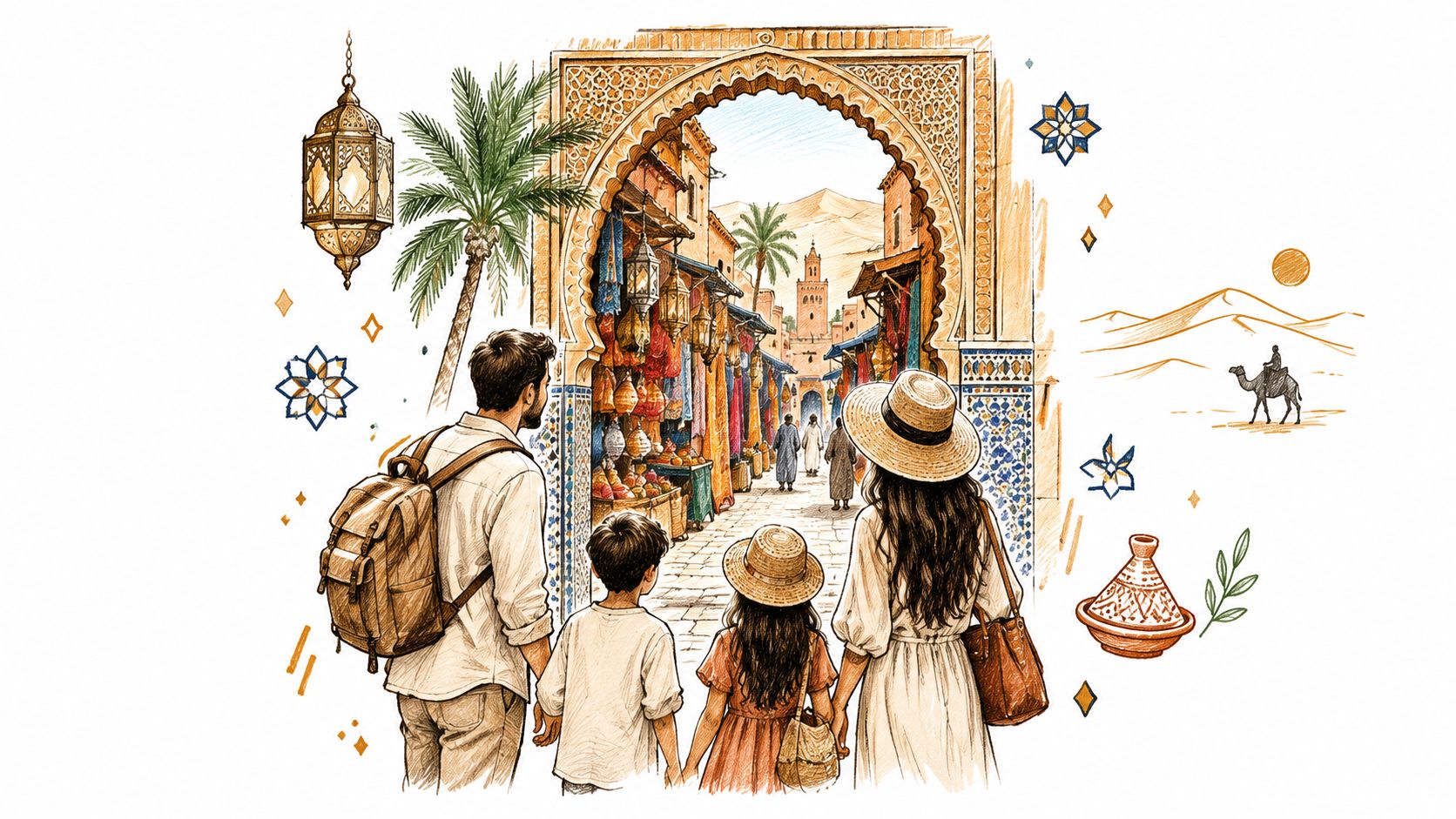 A family of four traveling together and exploring a traditional, vibrant market street in a historic city.