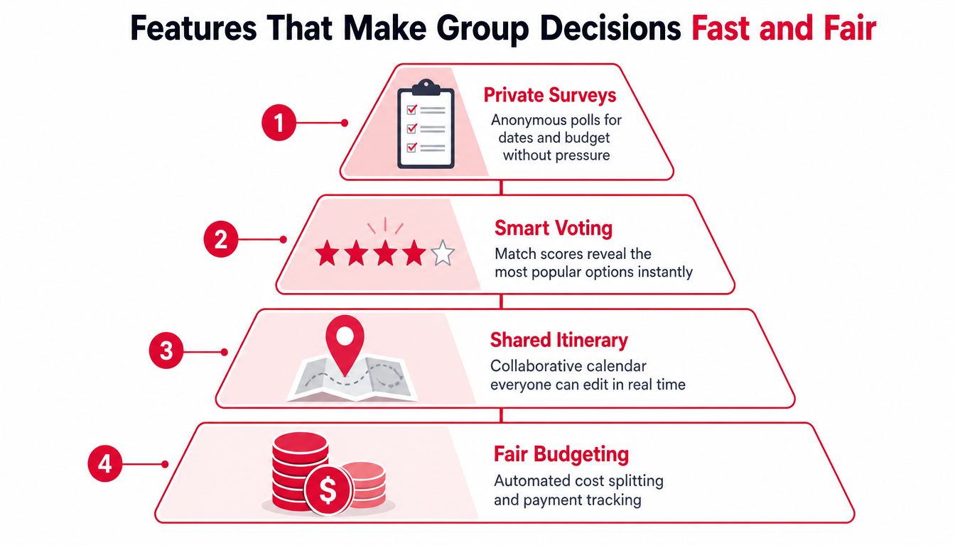 A pyramid infographic listing four key features of a group trip planner for fast and fair decisions.