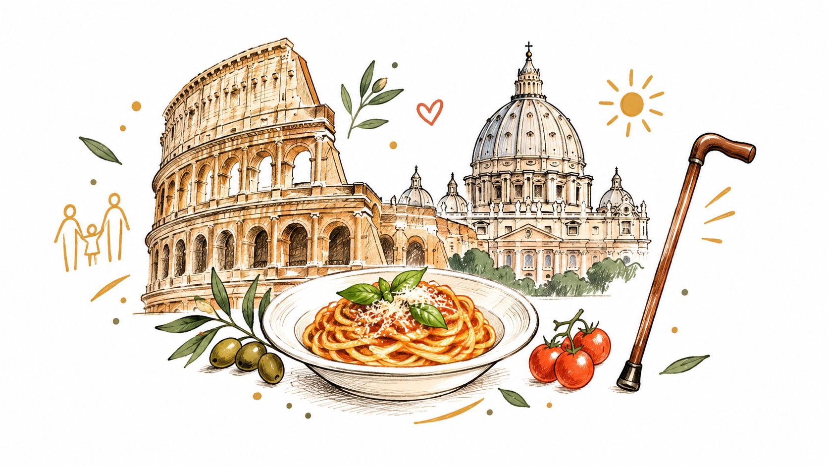 A hand-drawn illustration of Rome featuring the Colosseum, St. Peter's Basilica, pasta, olives, and a walking cane.