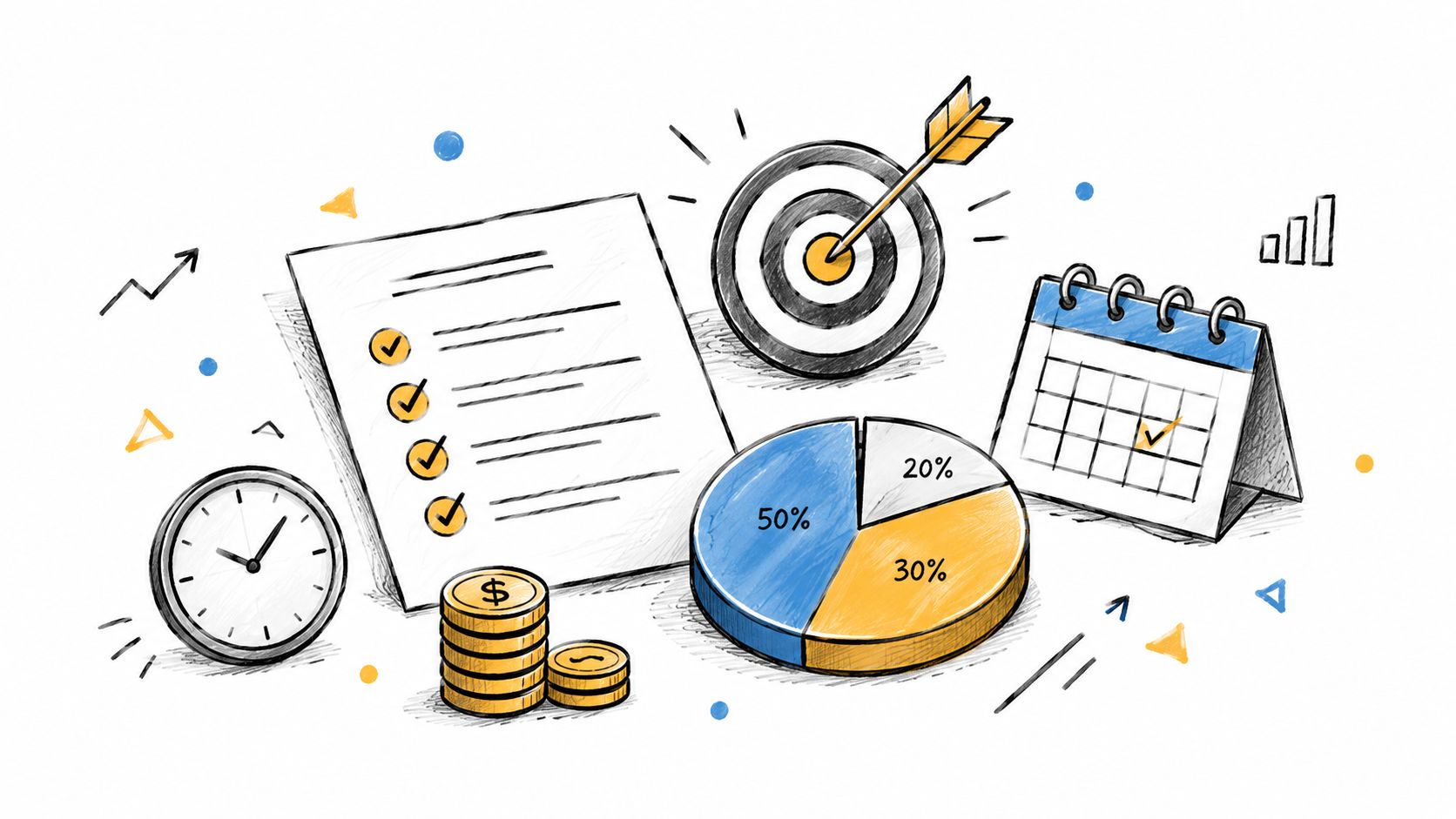 An illustrated checklist, pie chart, target, calendar, and coins representing effective corporate event planning and business goals.