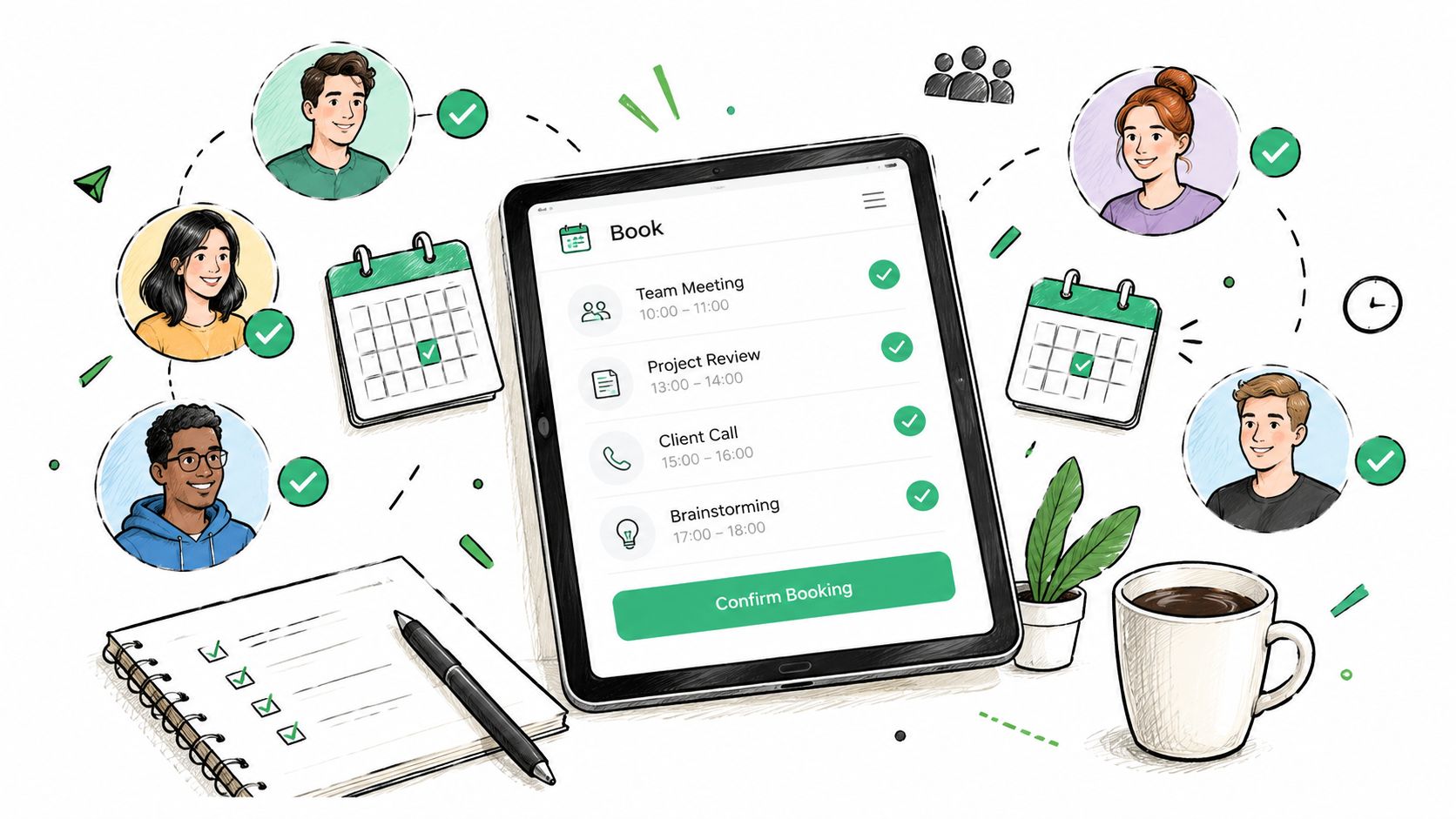A digital illustration of a tablet showing a booking schedule surrounded by team members and office icons.