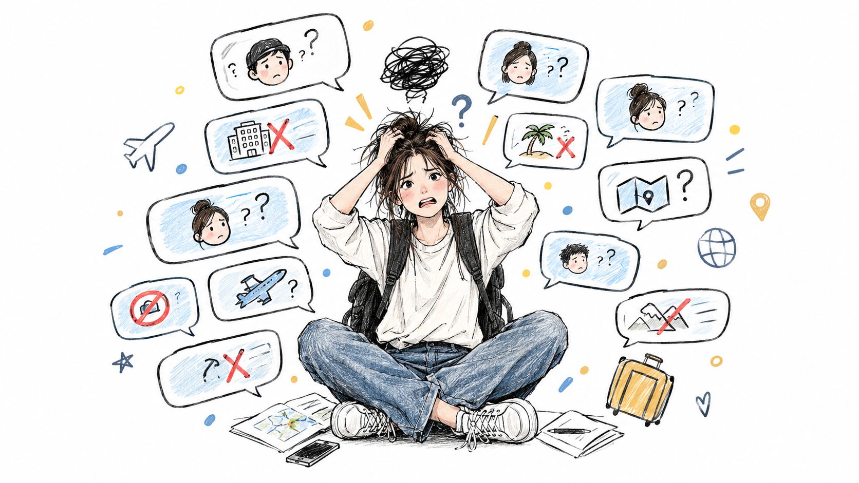A frustrated traveler sitting surrounded by various travel-themed thought bubbles and icons indicating trip planning stress.