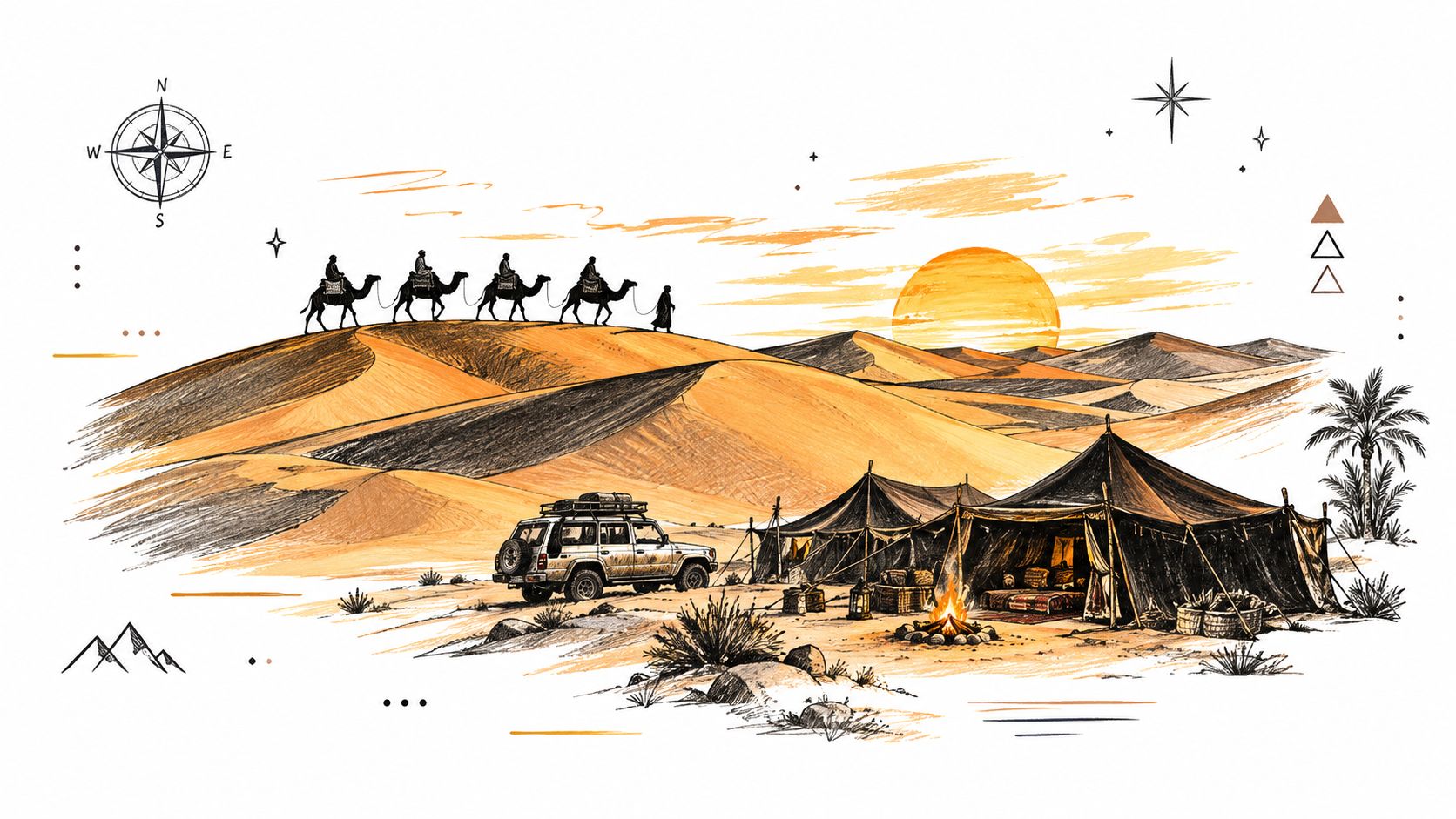 An artistic sketch of a desert campsite with tents, a parked SUV, and camel riders at sunset.