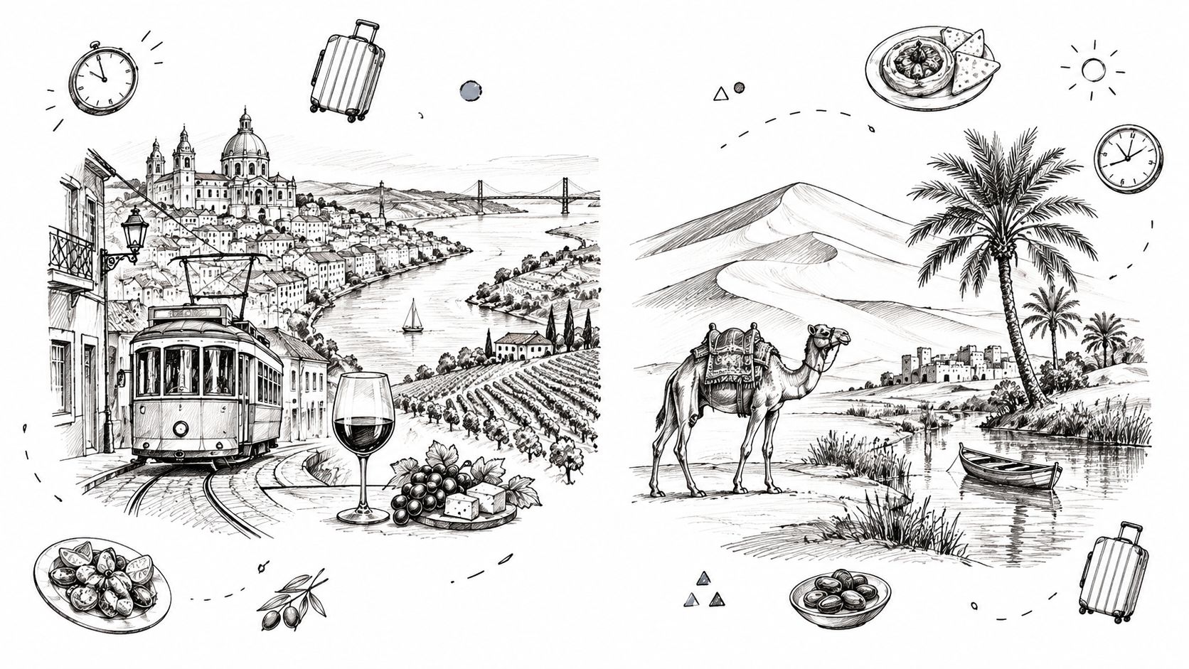 A dual-pane sketch showing a European cityscape with a tram and a desert oasis with a camel.