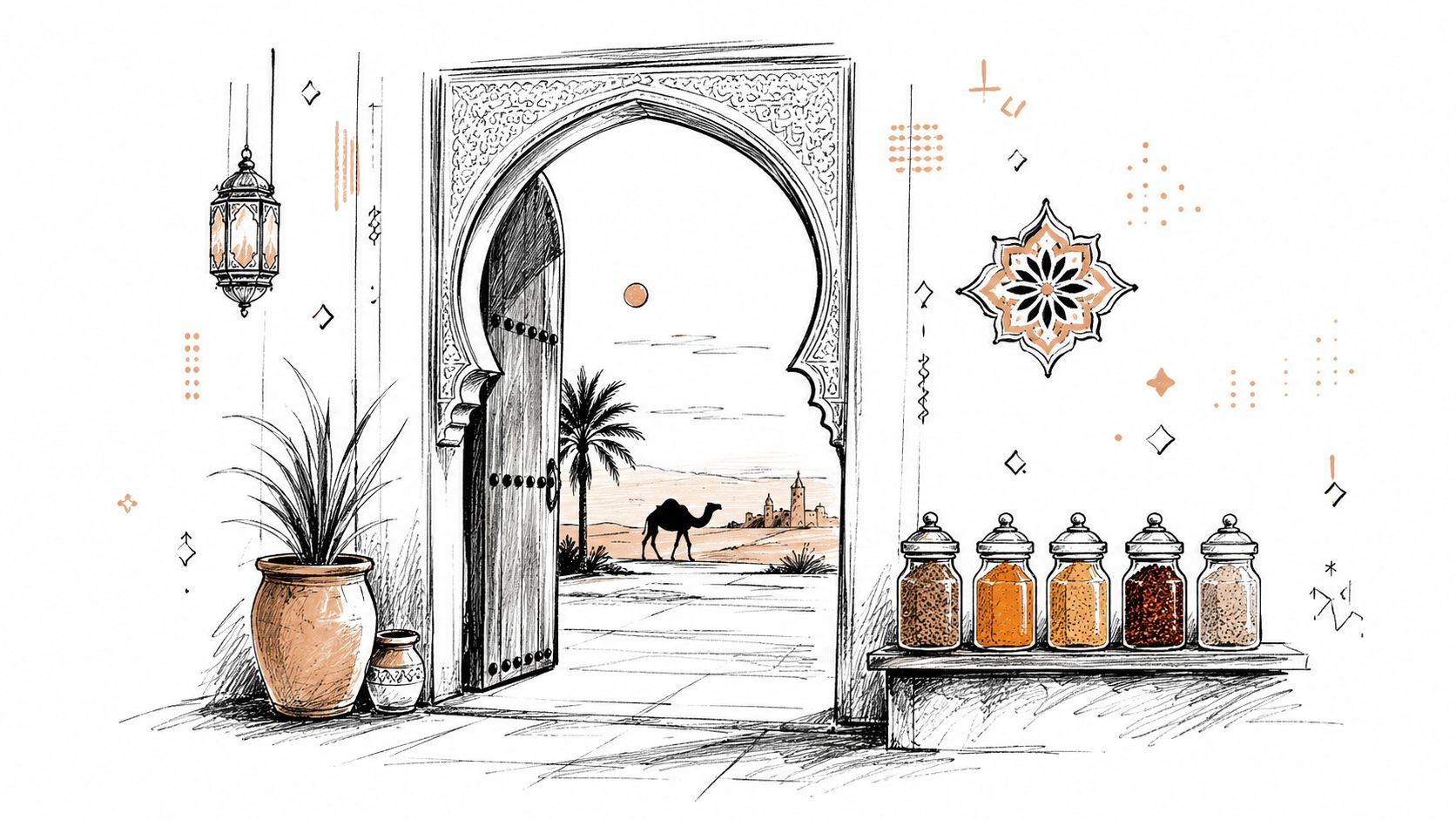 A scenic illustration of an open archway showing a desert landscape with a camel and palm tree.