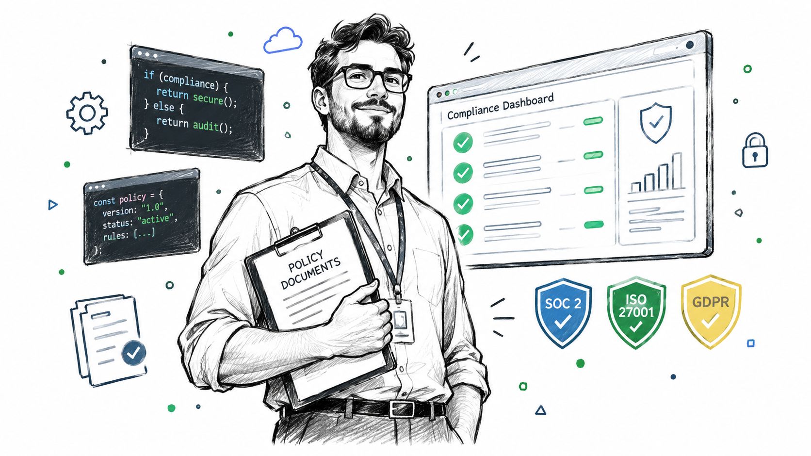 A professional man holding policy documents with compliance dashboard and security certification icons in the background.