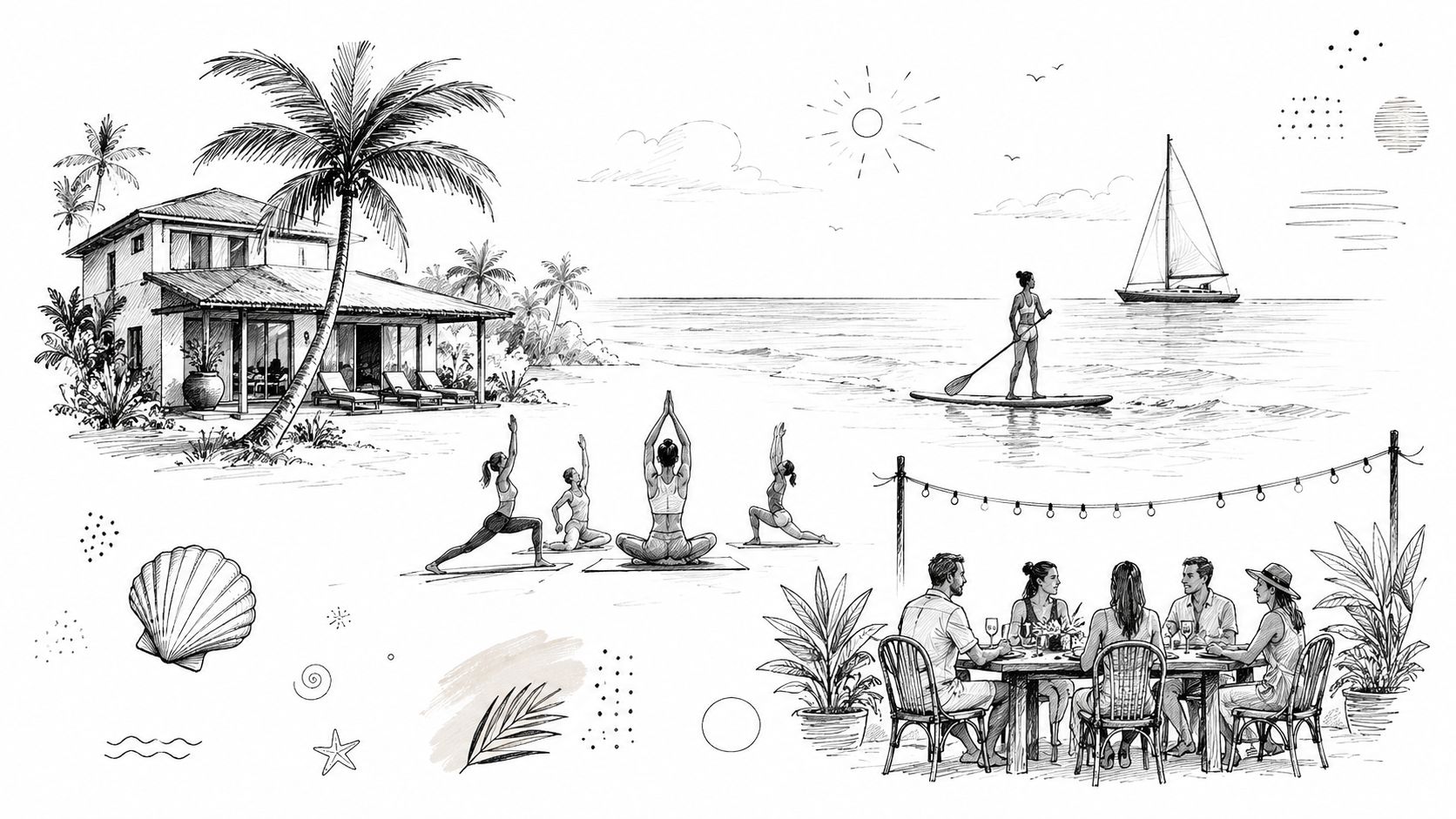 A pencil sketch of a tropical beach villa, people practicing yoga, and friends dining outdoors.