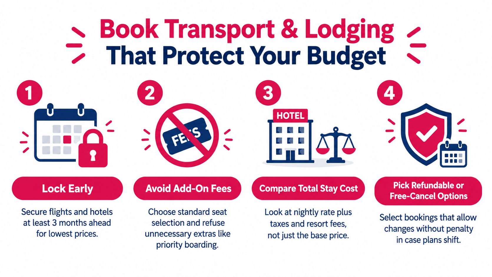 An infographic detailing four strategic steps to save money when booking travel and hotel accommodations.