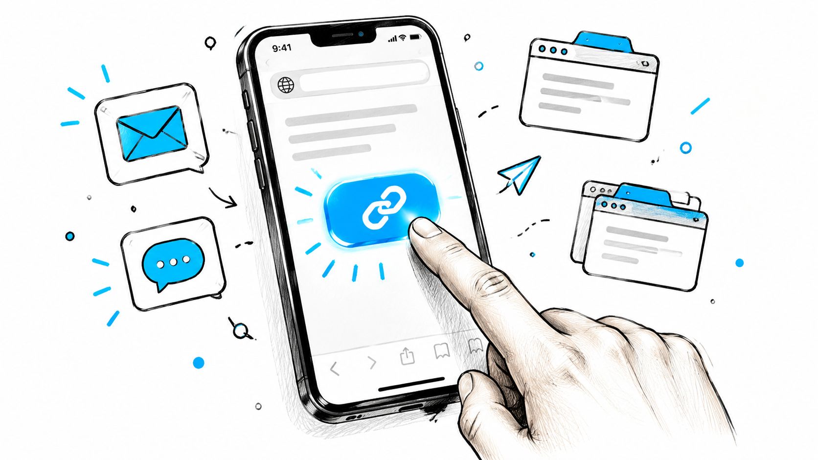 Tapping the share-link button on a trip invite, with email, chat, and browser channels around it