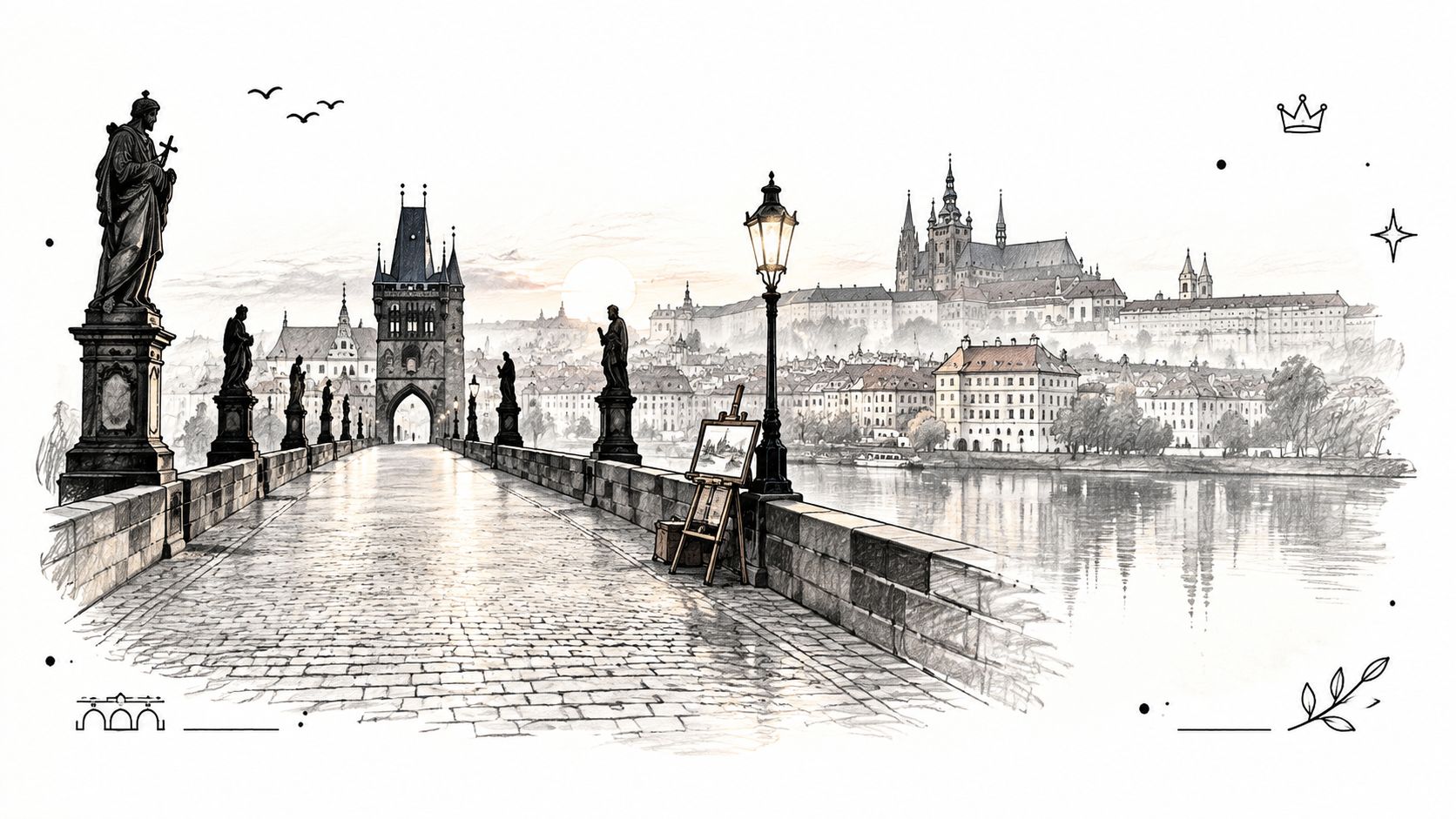 An artistic sketch of Charles Bridge in Prague featuring statues, a lamp post, and city skyline architecture.