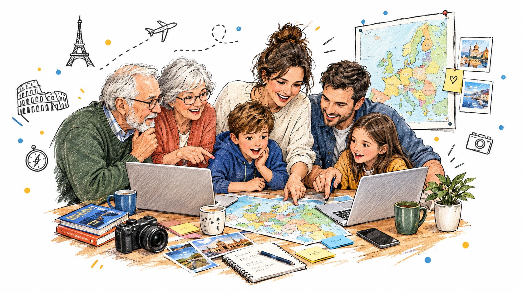 A happy multi-generational family sitting together planning their upcoming European vacation while looking at laptops and maps.