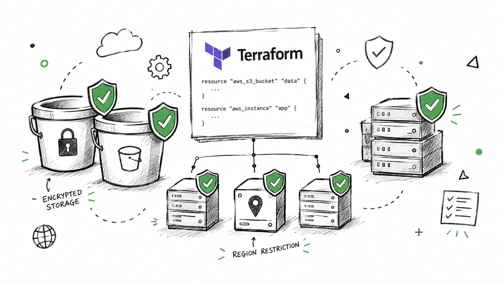 A hand-drawn illustration showing Terraform code managing infrastructure components like storage buckets, servers, and regional restrictions securely.