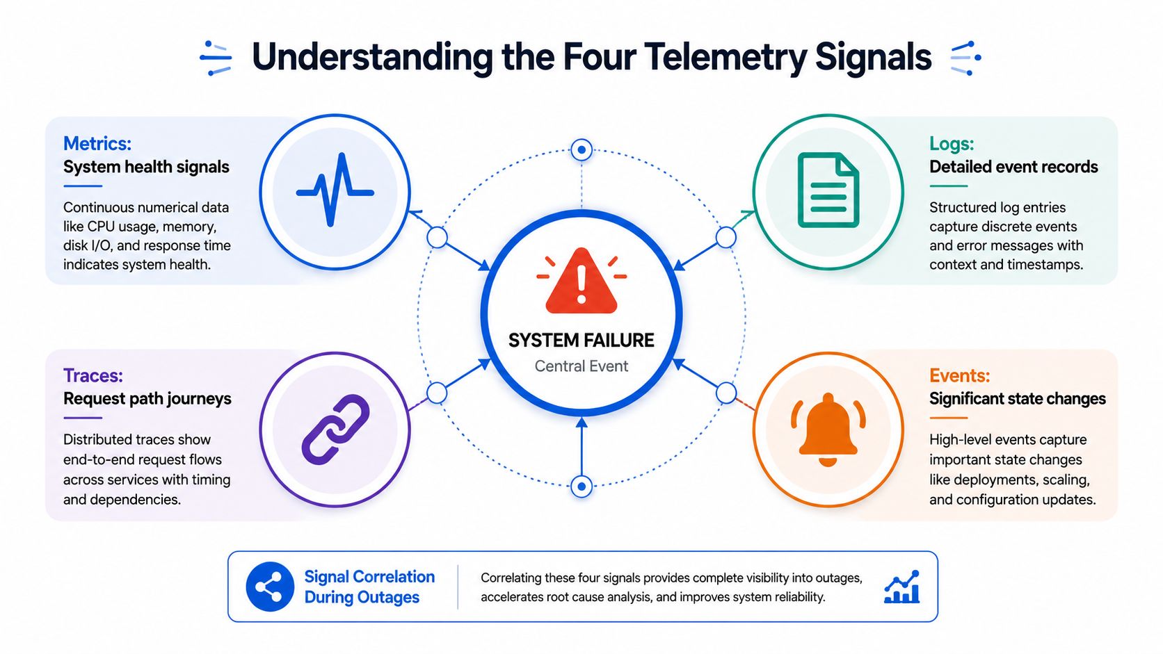 An infographic illustrating the four core telemetry signals: metrics, logs, traces, and events, centered around system failure.