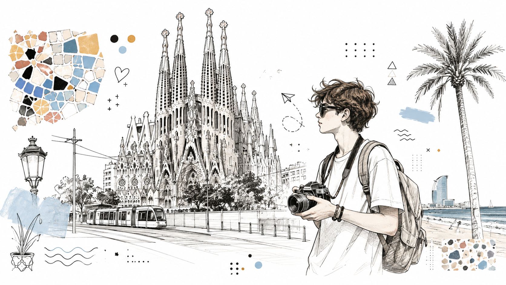 An anime-style illustration of a teen photographer visiting the Sagrada Familia in Barcelona, Spain.