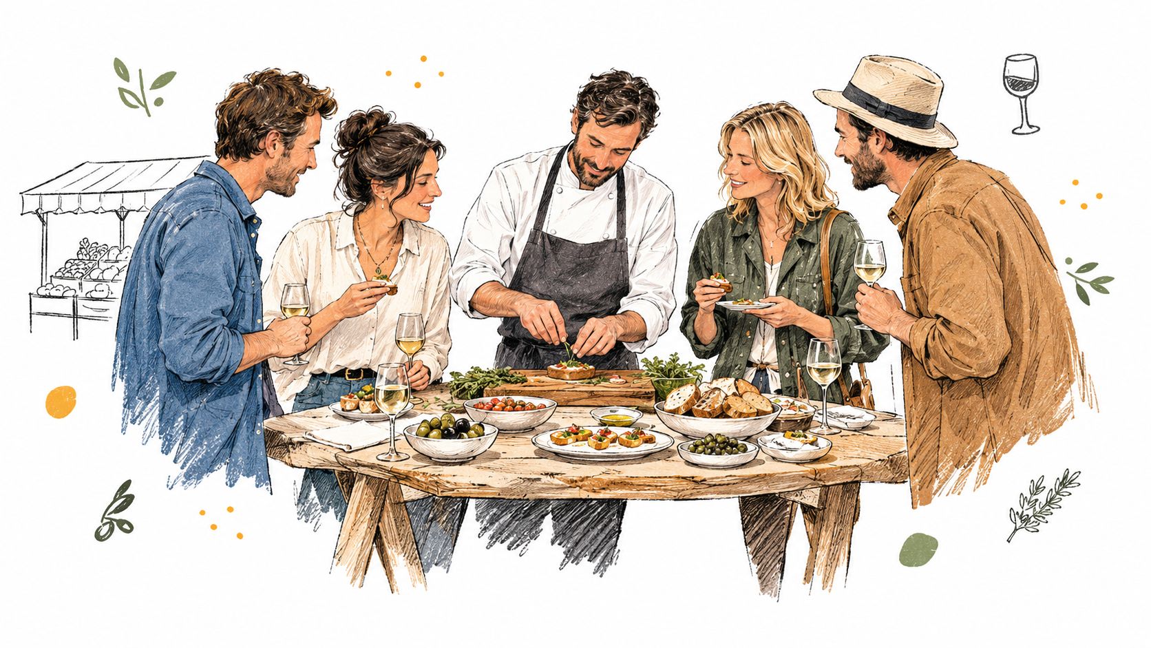 A chef prepares appetizers for a group of friends sharing wine and food at an outdoor table.