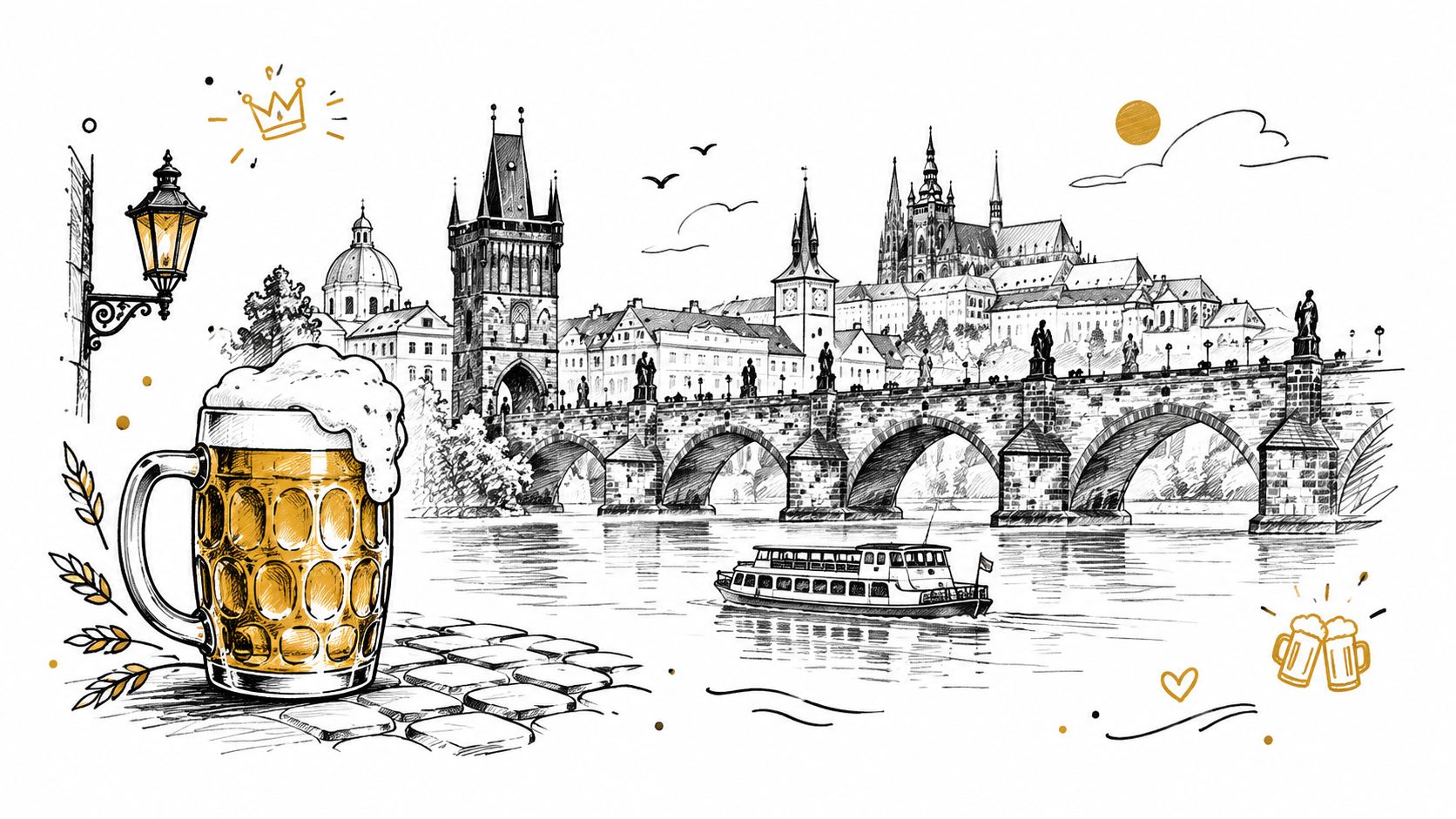 A detailed hand-drawn illustration of the iconic Charles Bridge in Prague featuring a large beer mug