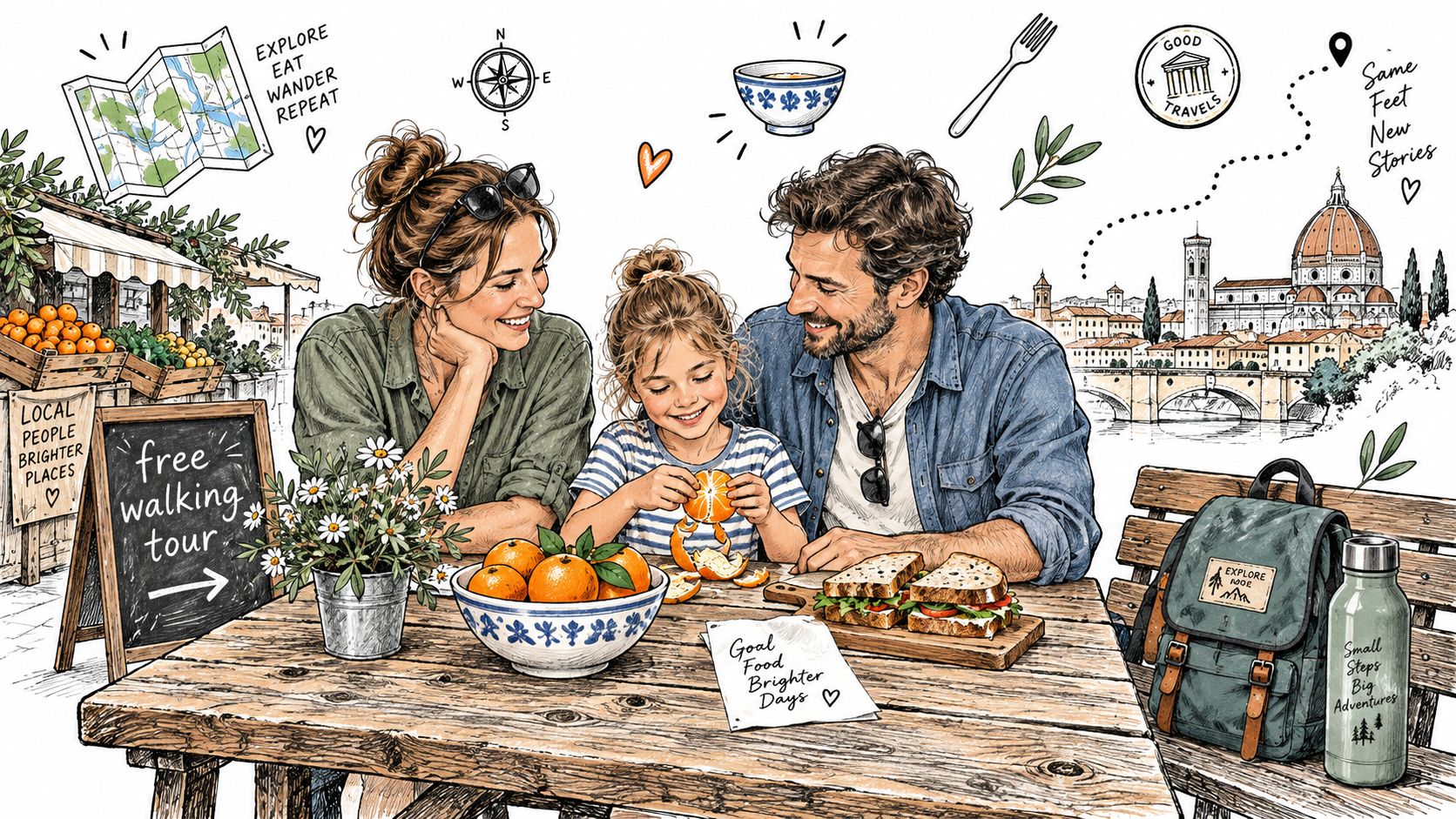 A happy family enjoying a picnic with oranges and sandwiches outdoors while traveling in Italy.