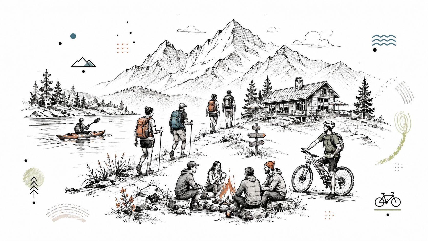 A scenic line art illustration depicting people enjoying various outdoor activities like hiking, kayaking, and camping near mountains.