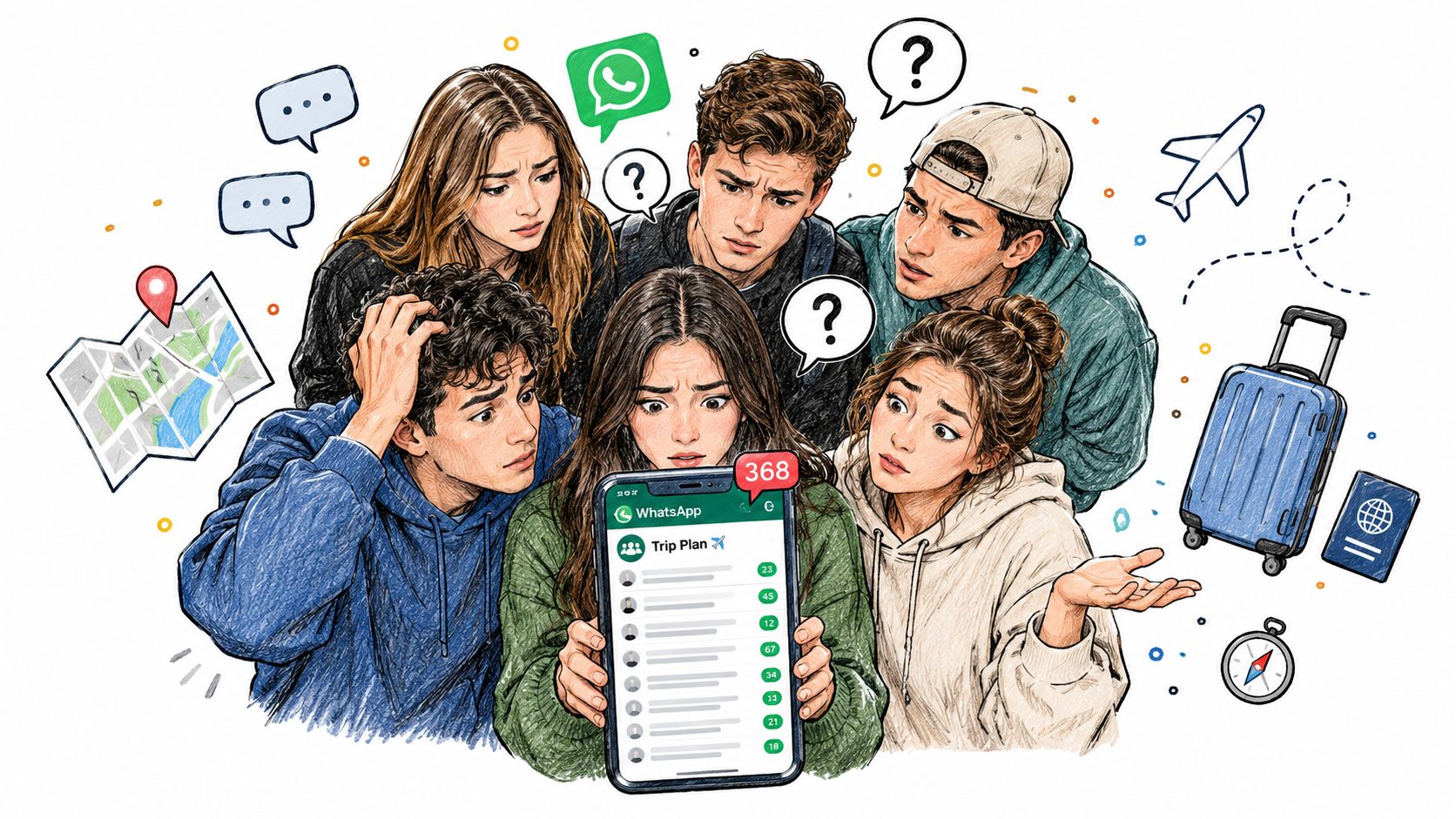 A group of young friends looking stressed while checking a busy WhatsApp trip plan on a smartphone.