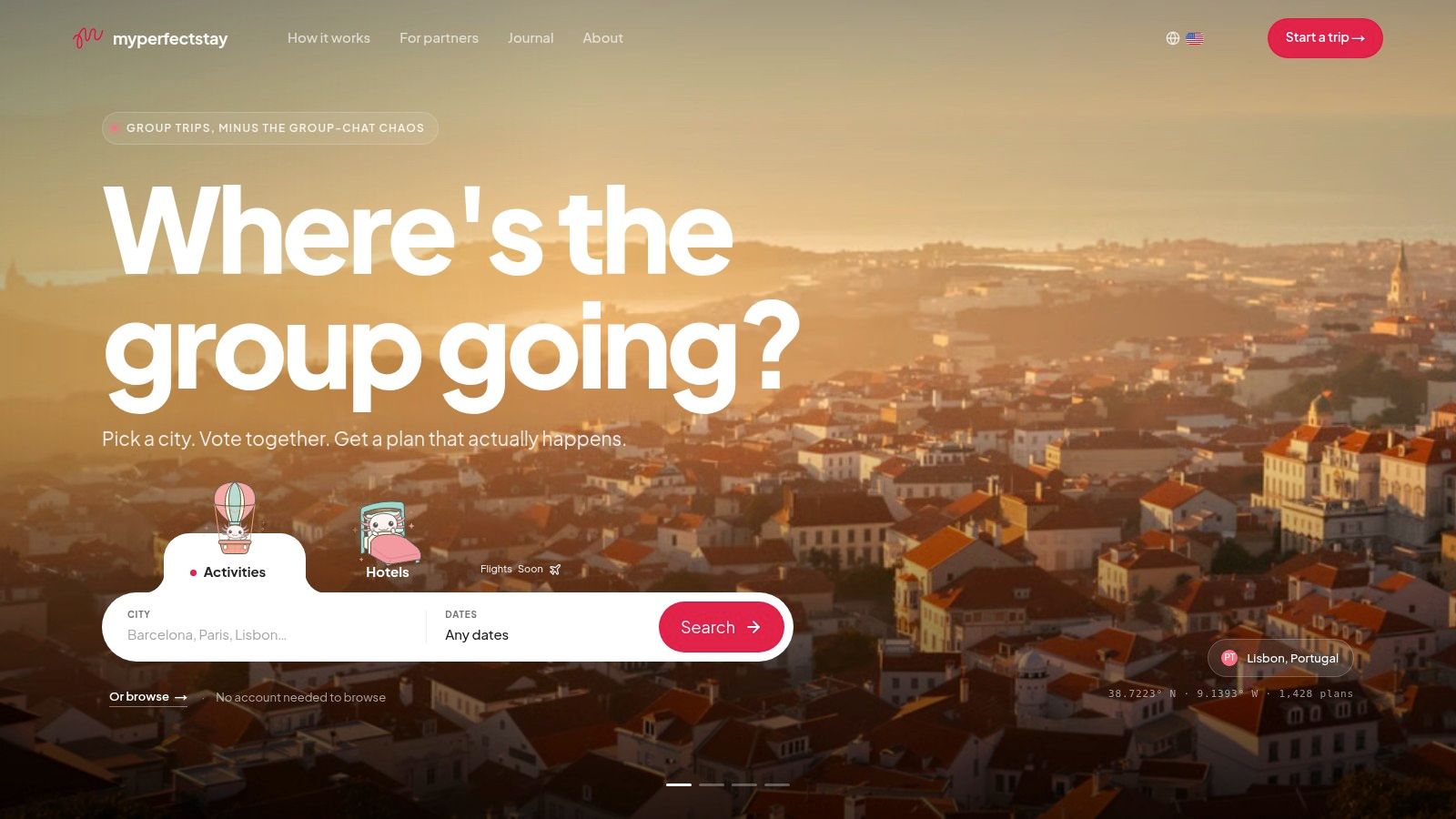 The MyPerfectStay homepage, headed "Where's the group going?", with a city and dates search for group activities and hotels