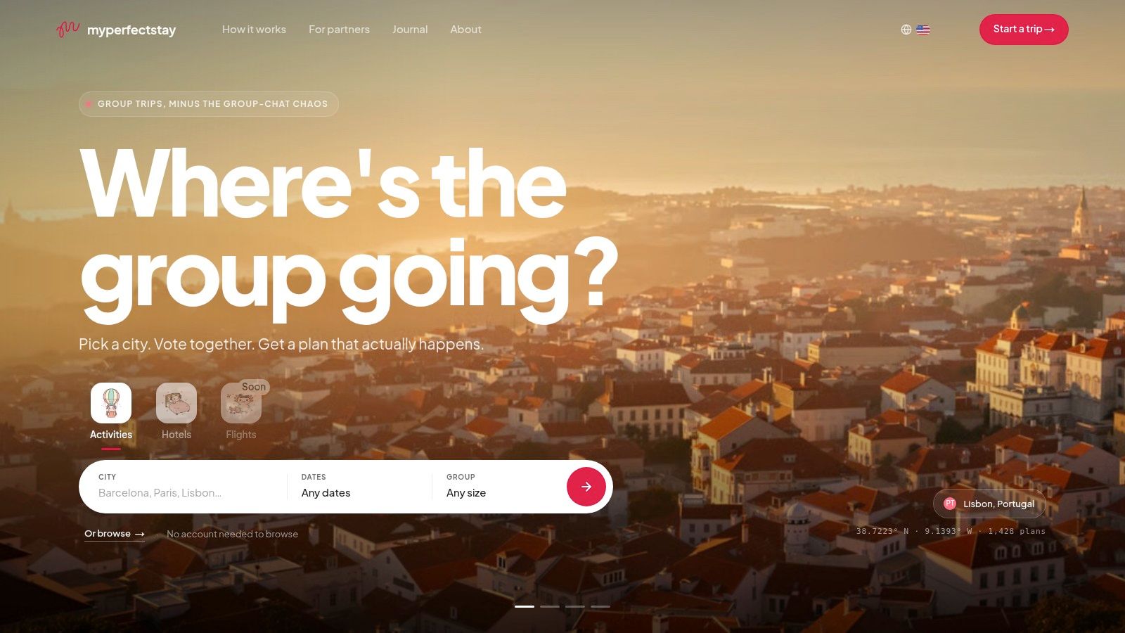 MyPerfectStay group planning screen with private surveys, match scores and group voting
