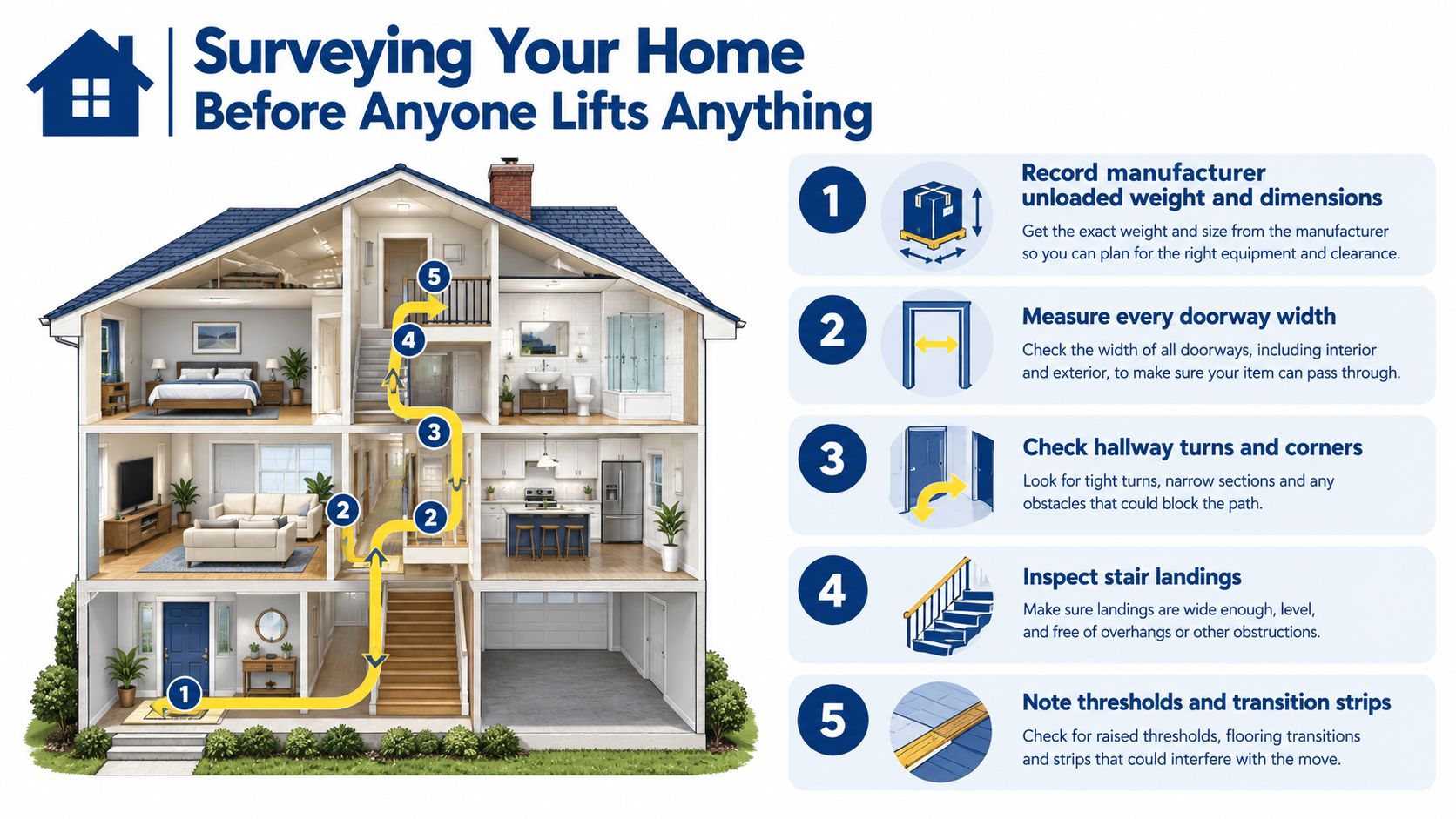 An infographic detailing five essential steps for surveying a home before moving heavy items like gun safes.