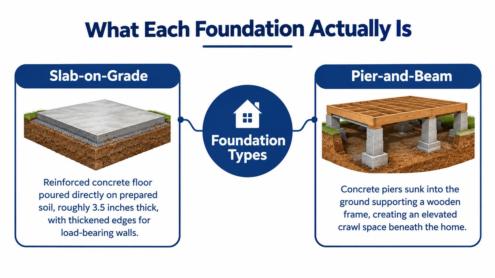 A diagram comparing slab-on-grade and pier-and-beam foundation types with descriptive illustrations and text explanations.