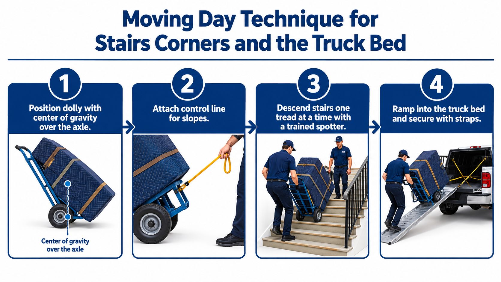 A four-step infographic showing professional techniques for moving a large, heavy object safely using a dolly.