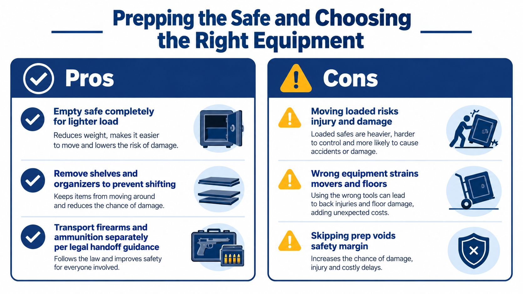 An infographic showing pros and cons of prepping a gun safe before moving it safely.