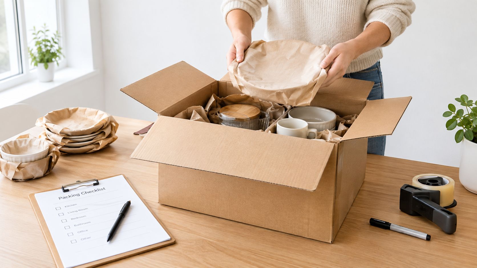 A person carefully packing kitchen items into a cardboard moving box on a wooden desk table.