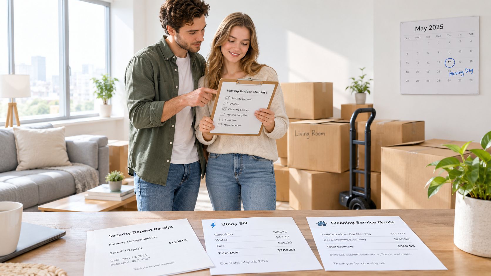 A couple reviewing moving expenses and a budget checklist in their new apartment surrounded by moving boxes.