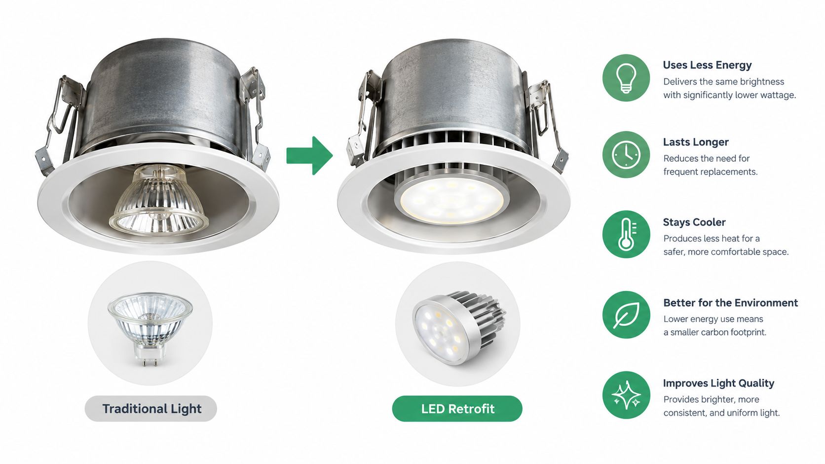 A comparison between a traditional halogen recessed light and a modern, energy-efficient LED retrofit downlight.