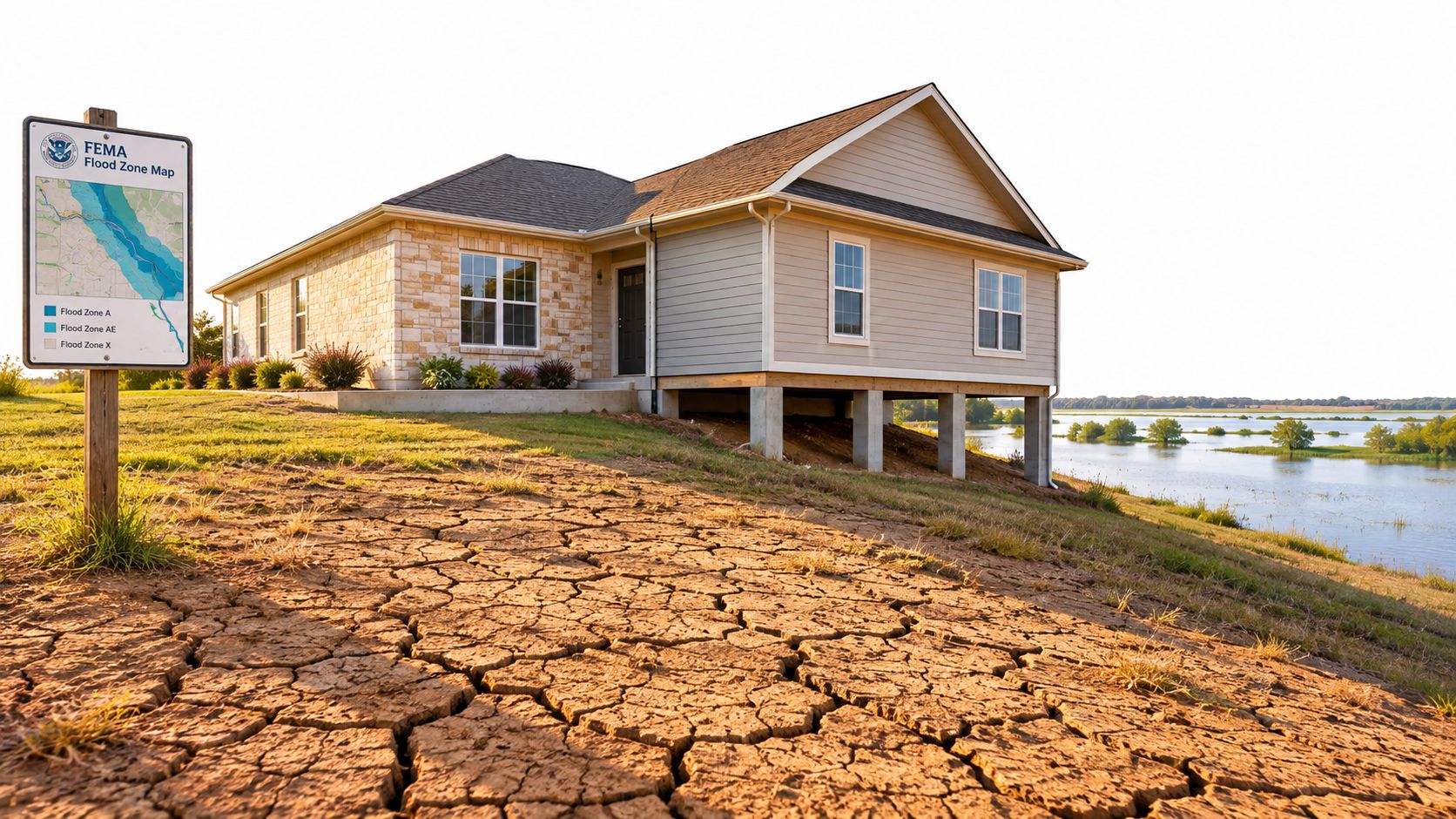 A house built on piers overlooking a body of water with a FEMA flood zone sign nearby.