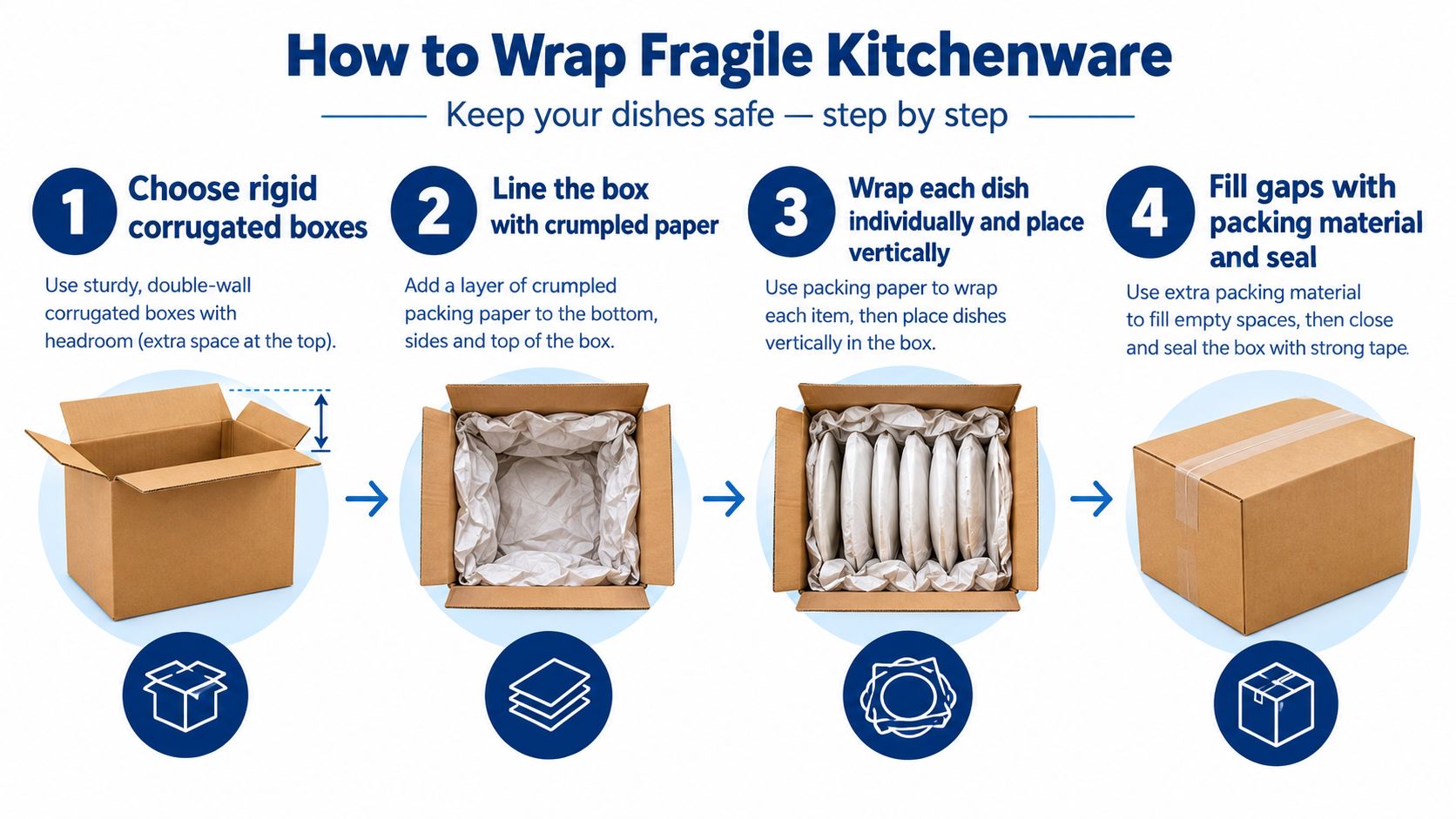 A four-step infographic illustrating how to properly pack and wrap fragile kitchenware for a safe move.