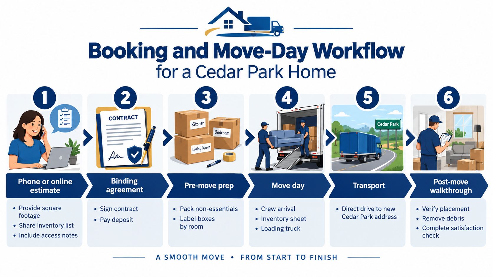 A six-step infographic illustrating the professional moving company workflow for residents in Cedar Park, Texas.