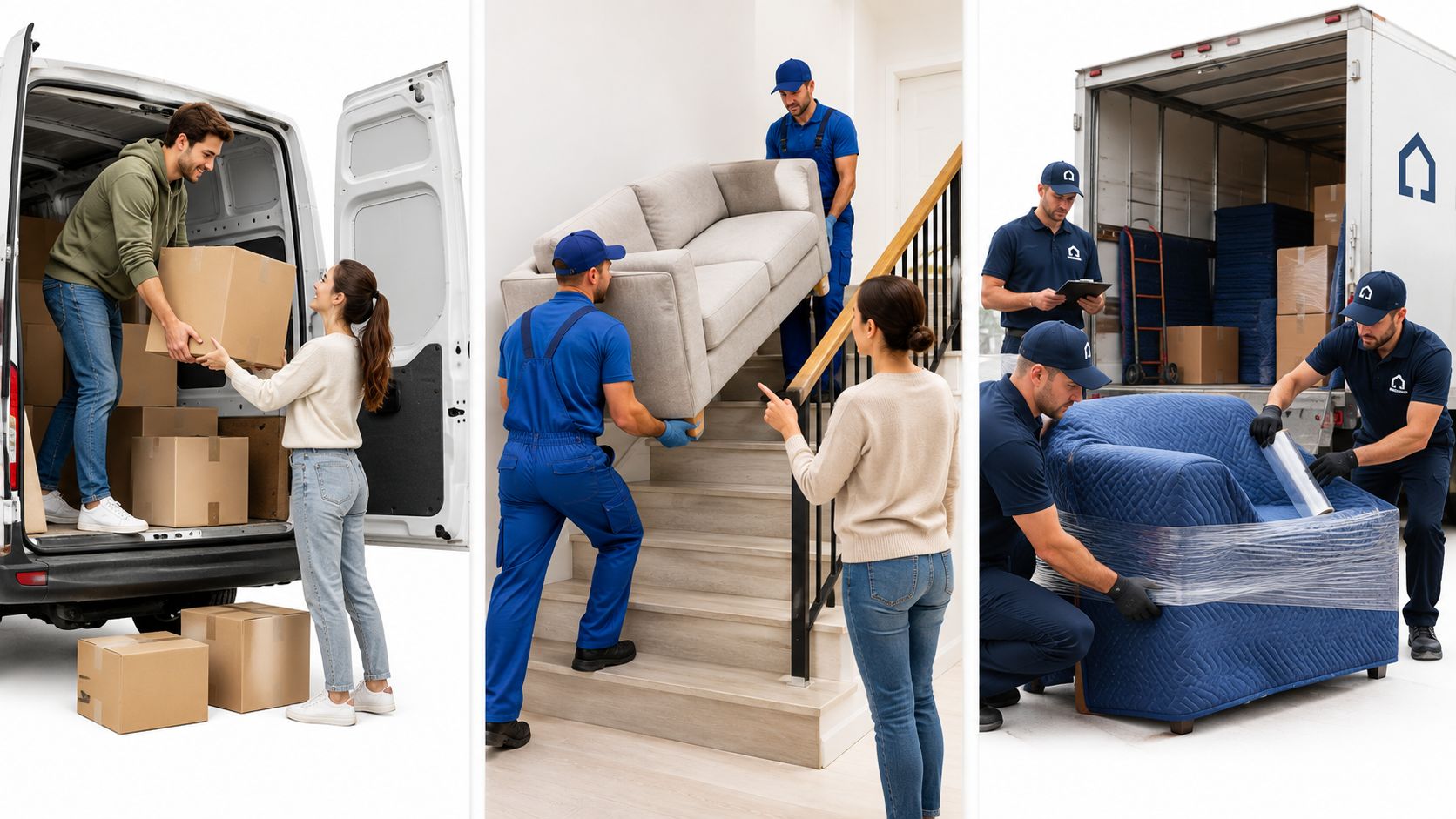Professional movers and packers assisting a woman with loading boxes and moving furniture into a house.