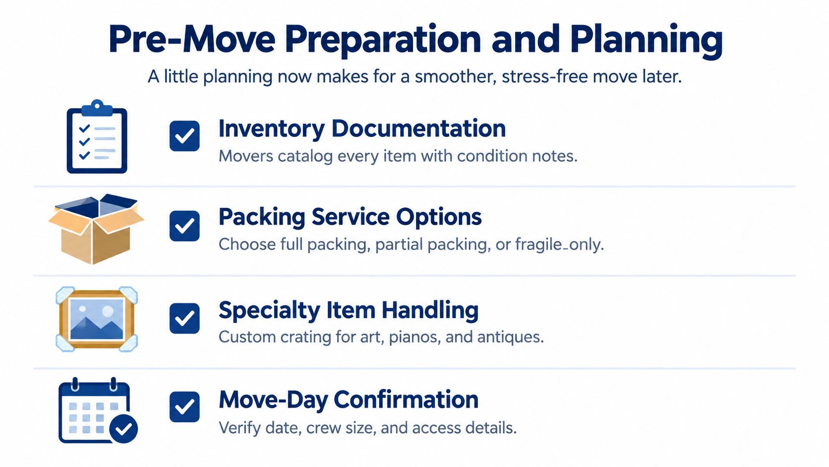 A checklist infographic titled Pre-Move Preparation and Planning, highlighting four essential steps for a professional moving service.