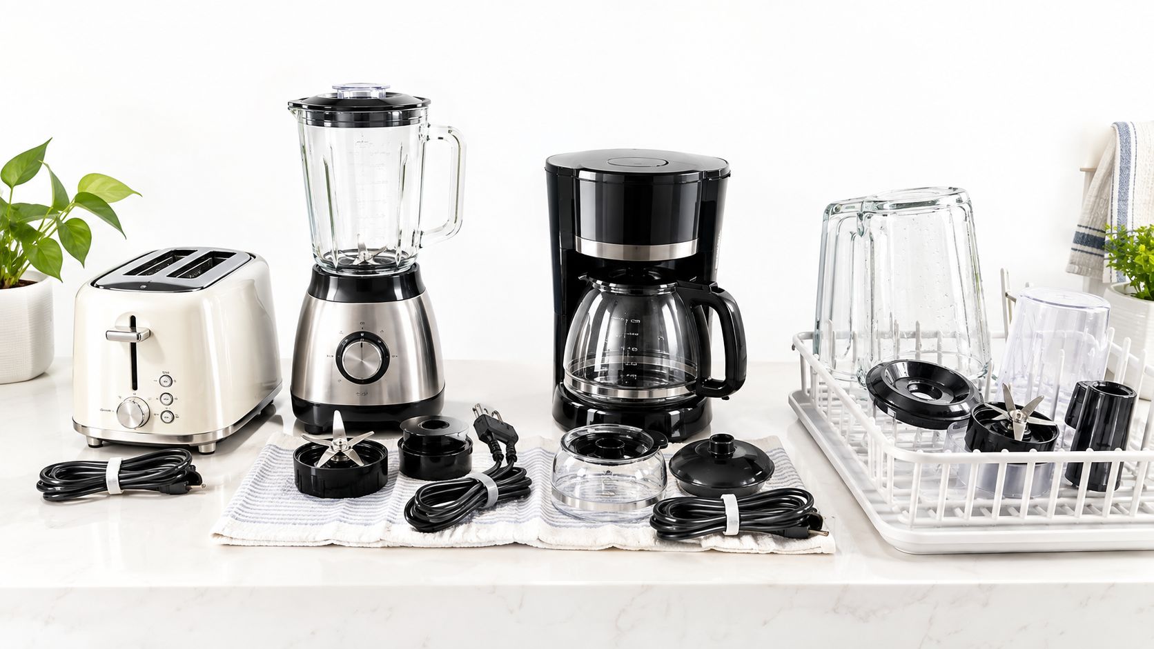 An array of kitchen appliances including a toaster, blender, coffee maker, and drying rack on a counter.
