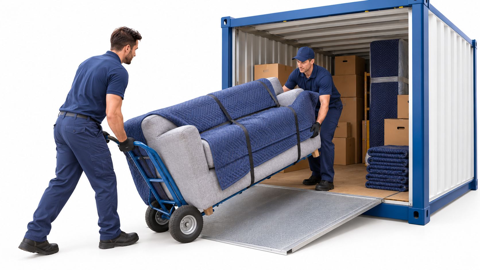 Two professional movers in uniform loading a sofa onto a storage container using a hand truck.