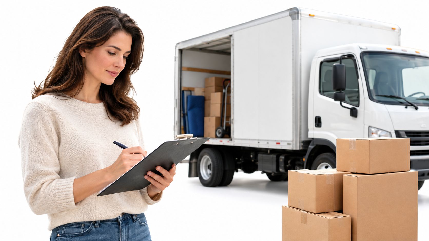 A professional woman checking a clipboard with a delivery truck and cardboard boxes in the background.