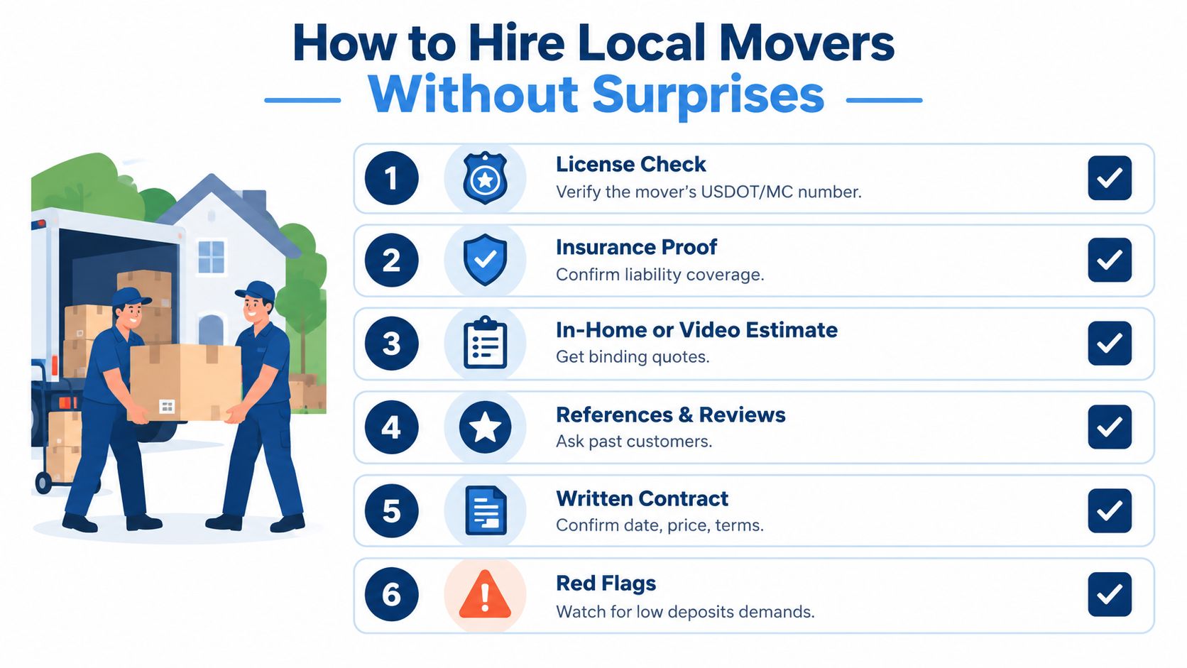 An infographic titled How to Hire Local Movers Without Surprises, illustrating six essential steps for choosing reliable movers.